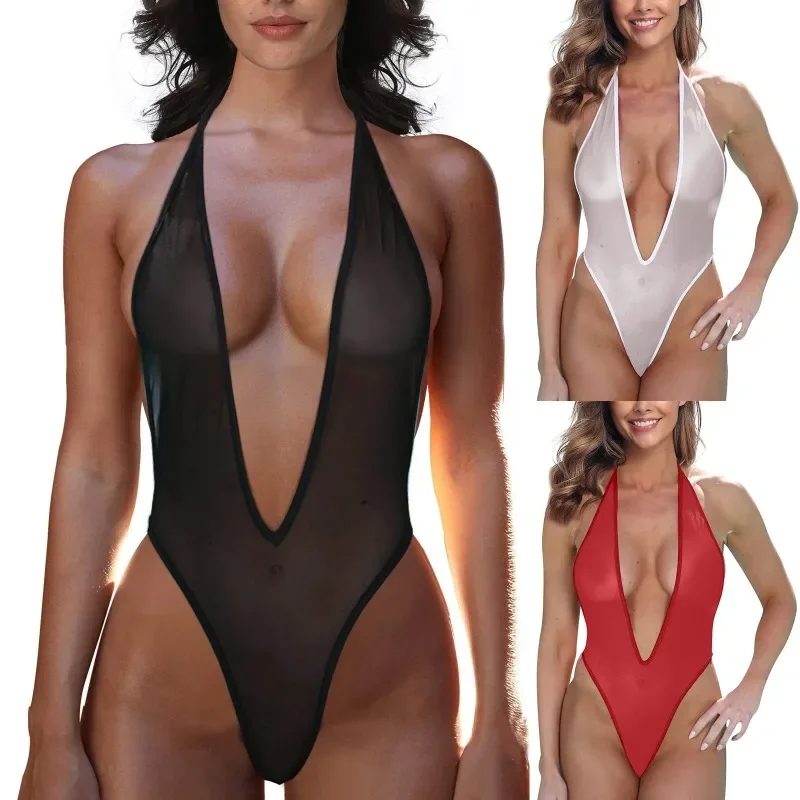 

Sexy See Through Mesh Bikini Bodysuit Women Lingerie Deep V Neck Halter Backless Lace Up Swimwear Pool Party Simple Micro Bikini