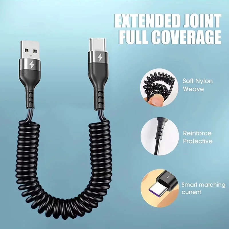 USB Type C 66W Car 5A Fast Charging Cable USB to Type C Spring Telescopic Cable For iPhone Huawei OPPO VIVO Redmi OnePlus Realme