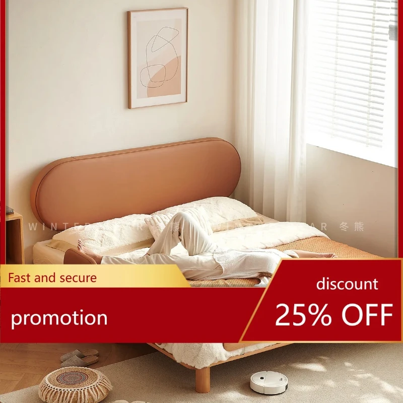 Ultra-Thin Bedside Master Bedroom Double Cream Wood Style Soft Cover Full Solid Wood Leather Bed