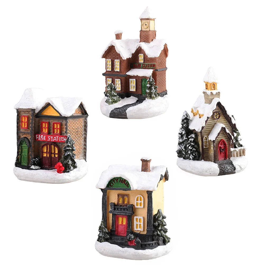 

4 Pcs Glowing Resin House Decor Miniatures Vintage Adorn Christmas Winter Village Gingerbread Mini House Festive