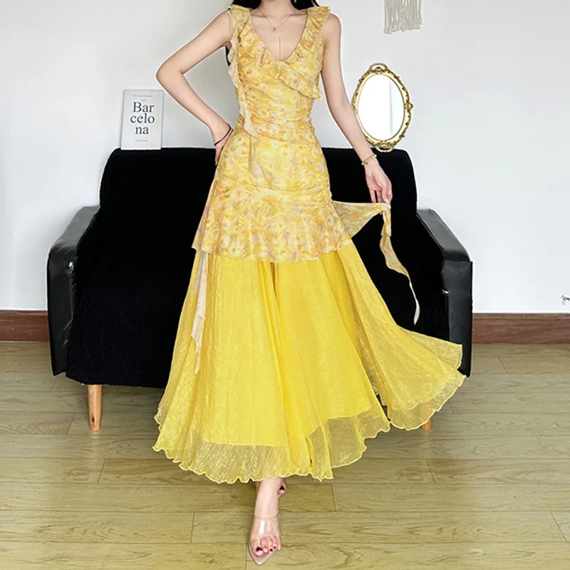 „Zeyla 2025 Sommer-Sommerkleid mit Blumenmuster für Damen, V-Ausschnitt, Rüschen, durchsichtiges Maxikleid, gelbes Strandurlaub-Outfit“