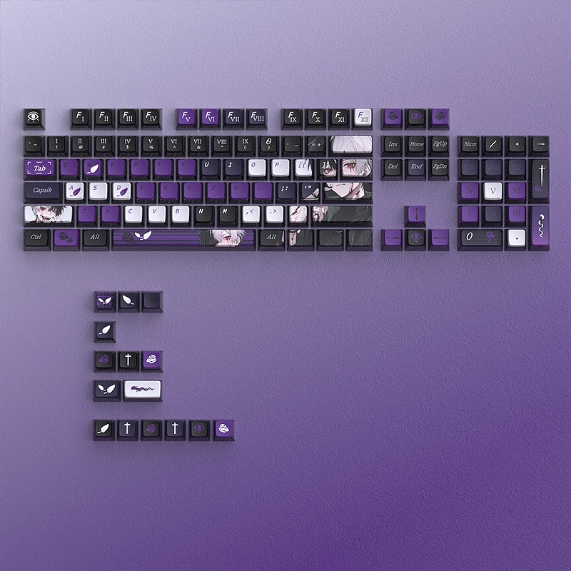 

Колпачки для клавиш в тематике Dark Night Crimson Wisteria, прозрачные со всех сторон, PBT, сублимационная печать, 119 клавиш, полный комплект.