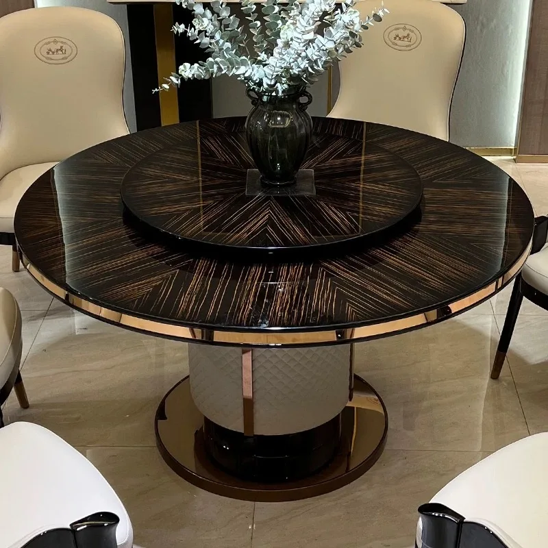 Hong Kong-style light luxury leather dining table and chairs combination modern Italian high-end villa round table dining room