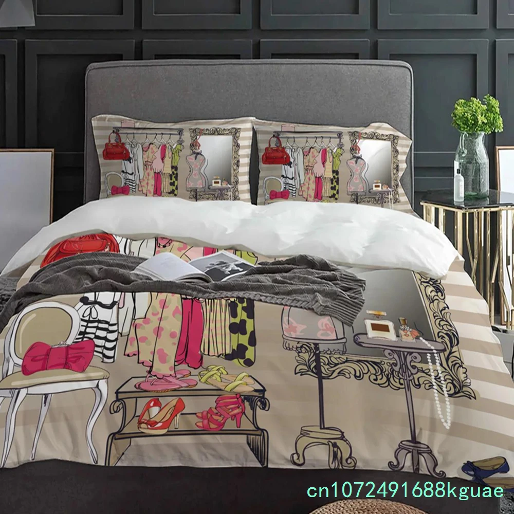 Female Dressing Room Cosmetics Stripes Bedding Set 3pcs Duvet Cover Pillowcase Quilt Cover Double Bed Set Home Textile