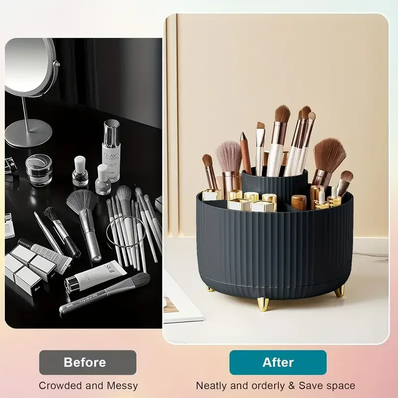 360° Rotating 5 Slot Makeup Brushes Holder Organizer Multi-Functional Desk Storage Cosmetics Storage for Vanity Desktop Bathroo