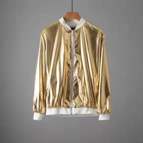 Imagen 2 del producto Nueva chaqueta brillante acanalada a la moda Hip Pop para primavera y otoño, ropa de calle para hombre, chaqueta de baile de rendimiento dorada y plateada, ropa para hombre