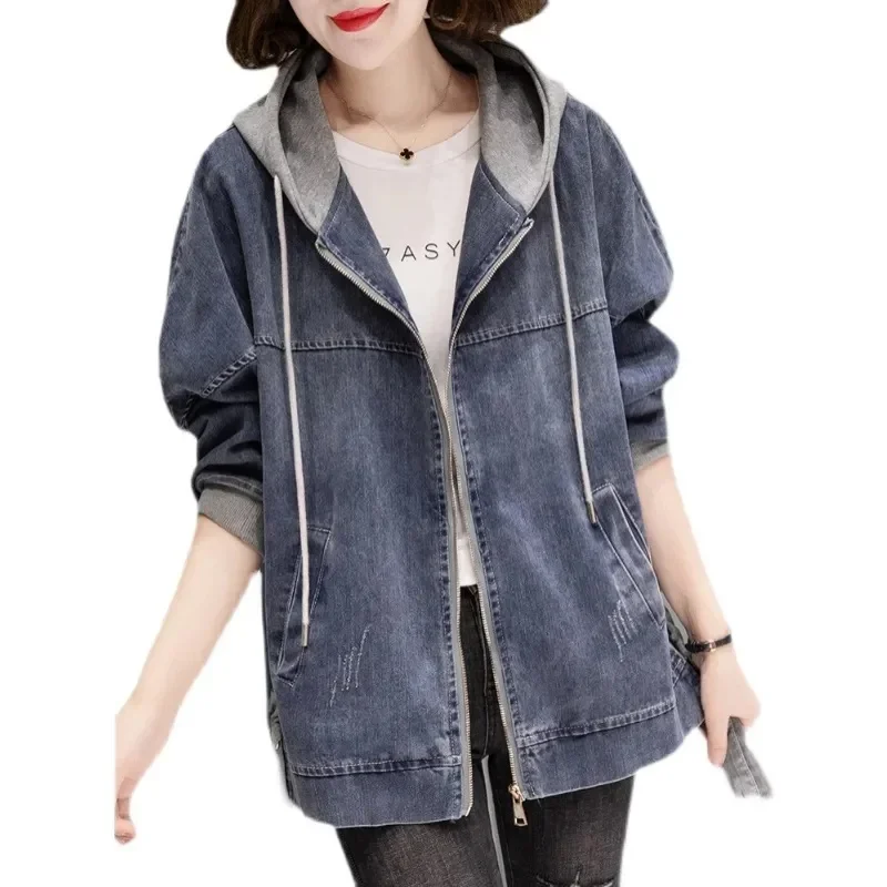 Women's Denim Jacket 2023 New Spring Autumn Fashion Korean Long Sleeve Jeans Coat Casual Hooded Baseball Uniform Top Clothes