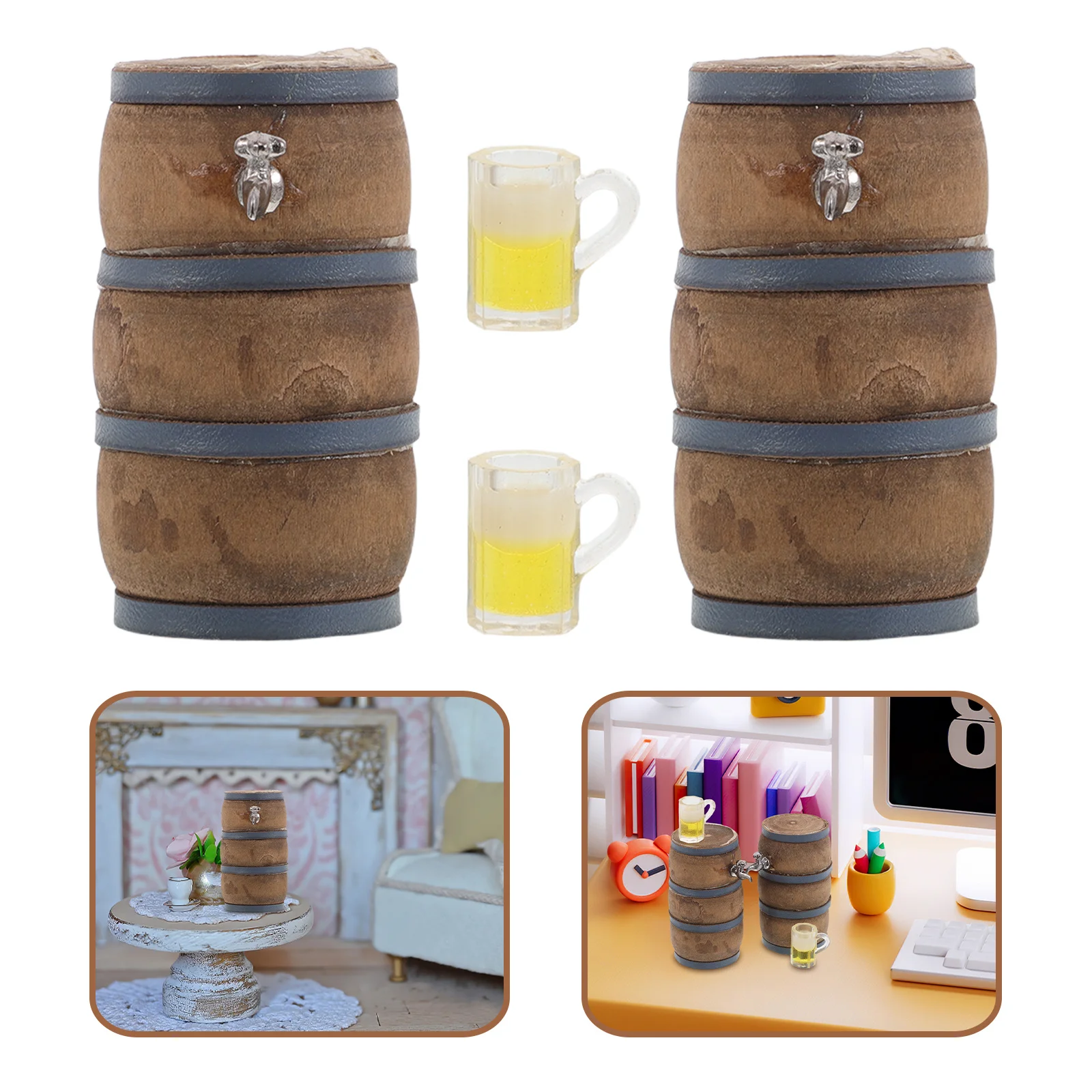 

2 set Mini Beer Barrel Decor Vintage Miniature Wine Barrel With Faucet Glass For Dollhouse Bar Restaurant Setup Micro Pub