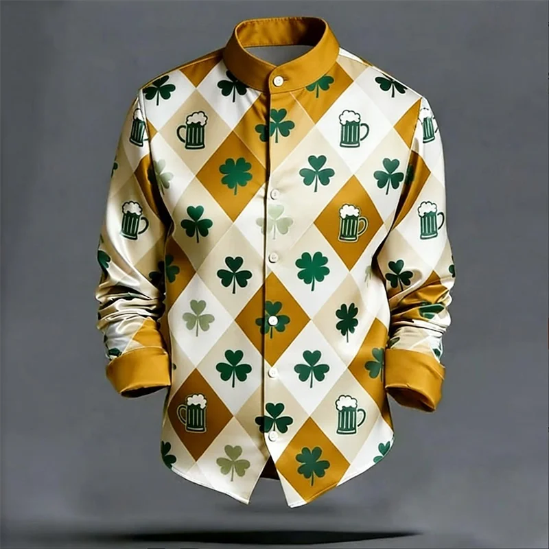 

Men's long sleeved shirt with lucky grass pattern, fashionable trend, loose top, street outdoor, casual and comfortable