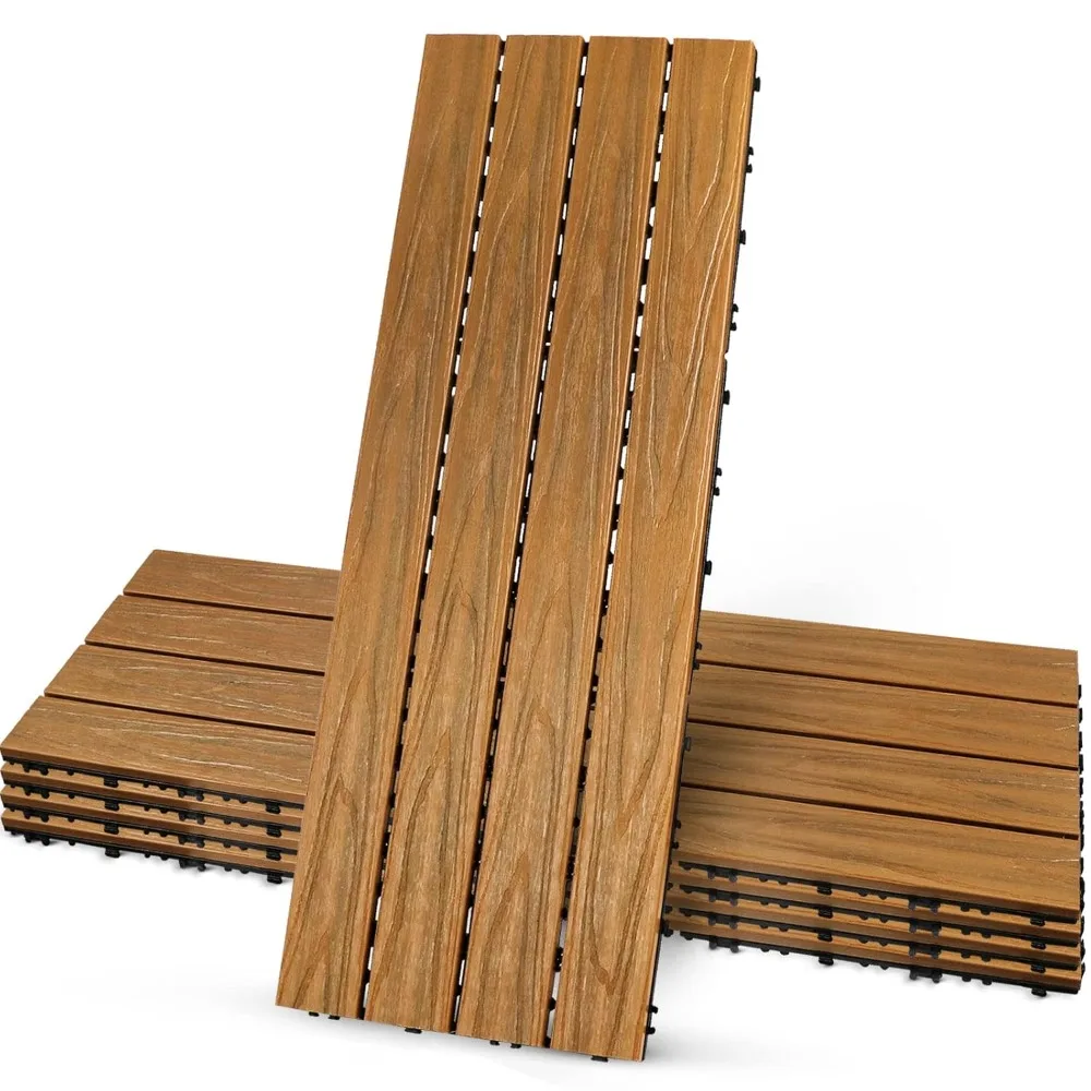 

12"x36" (5Pcs, 15 Sq. Ft) Wood Interlocking Floor Deck Tiles Indoor Outdoor Use, Great Upgrade To Patio Backyard Pathway