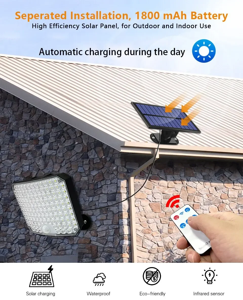 118LED Outdoor Solar Light with Motion Sensor Remote Control IP65 Waterproof Garage Security Wall Split With Remote Control