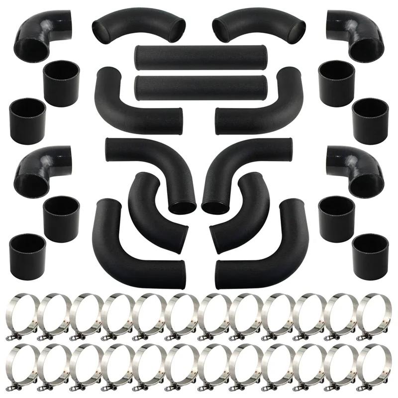 

76MM 3.0" Inch Intercooler Piping 12Pcs Universal Turbo Kit +T-Bolt Clamps + Blk Silicone Hose Coupler Black wrinkle Aluminum