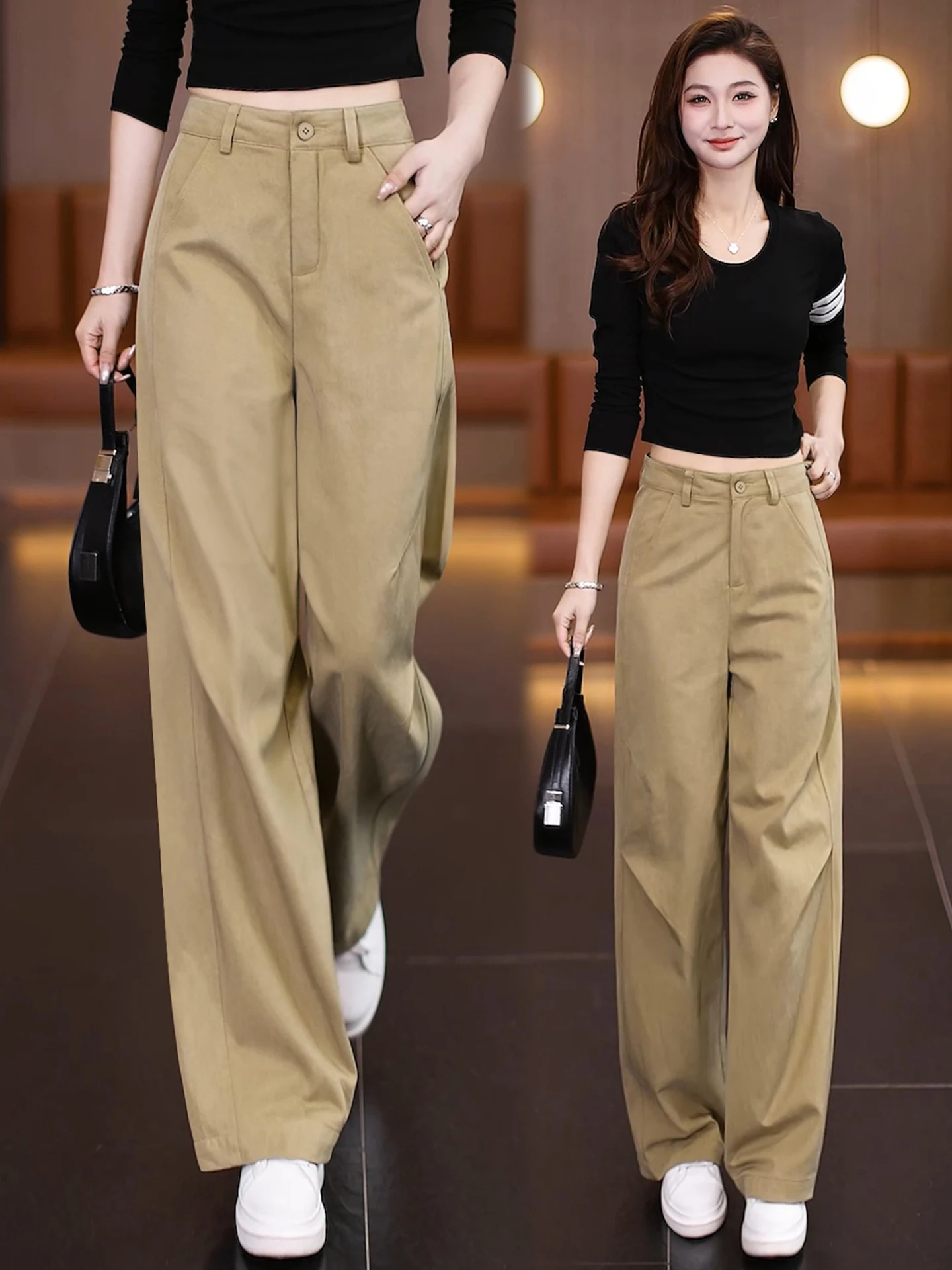 

High Waist Straight Leg Cotton Wide Leg Work Pants Women's Slim Fit Casual Loose Comfortable Spring Autumn New Arrival