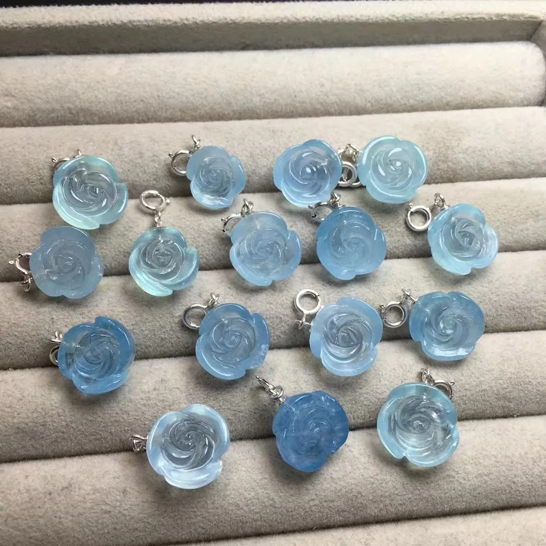 1 Pc Fengbaowu Natural Stone Aquamarine Rose Flower DIY Earring Pendant 925 Sterling Silver Crystal Women Jewelry Gift