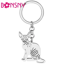 Bonsny Stainless Steel Silver-plated Canadian Hairless Cat Key Ring Pet Animals Keychains Key Chains Bag Charm For Women Jewelry