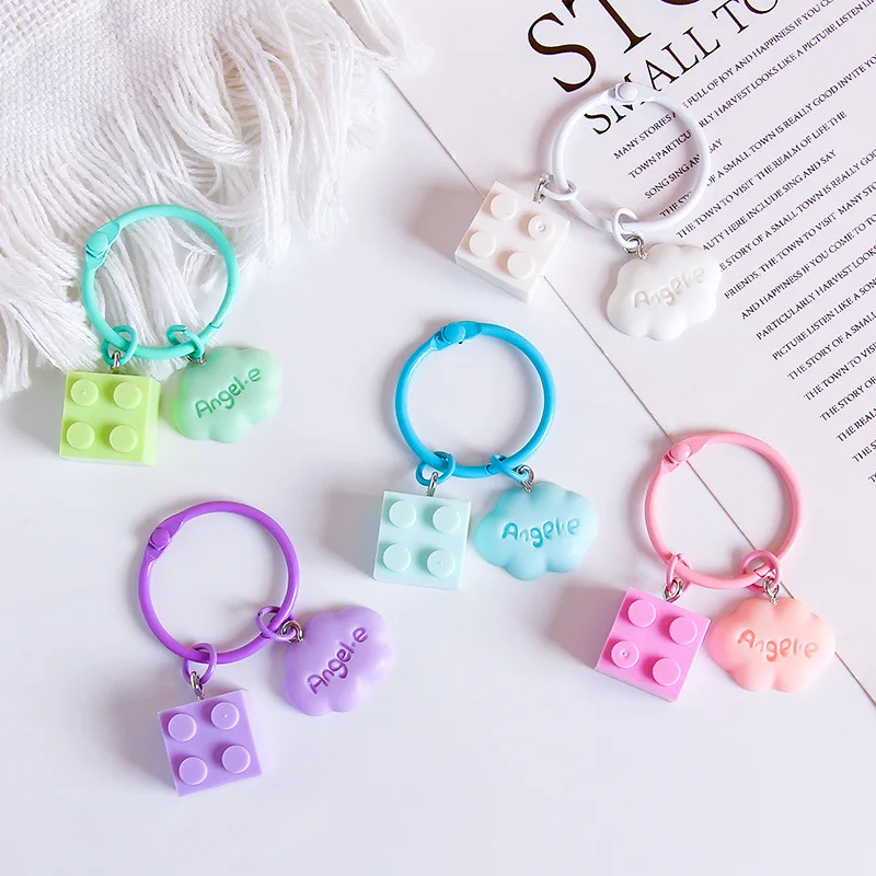 2pcs Small clear building block cloud Keychain hanging ornament airpods protective case pendant student bag creative key ring