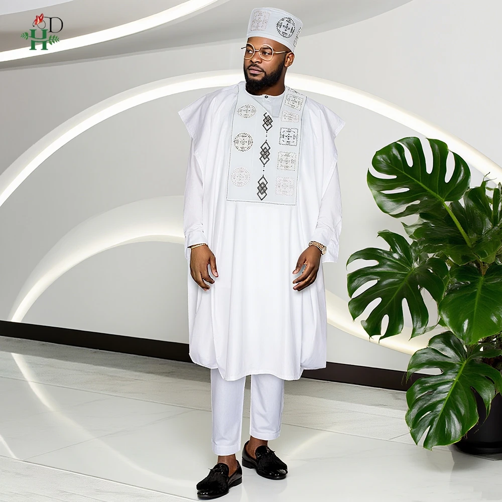 

H & D африканский мужской традиционный комплект одежды Agbada, белый кафтан с вышивкой, брюки в тон и кепка, 4 предмета для свадебных фестивалей