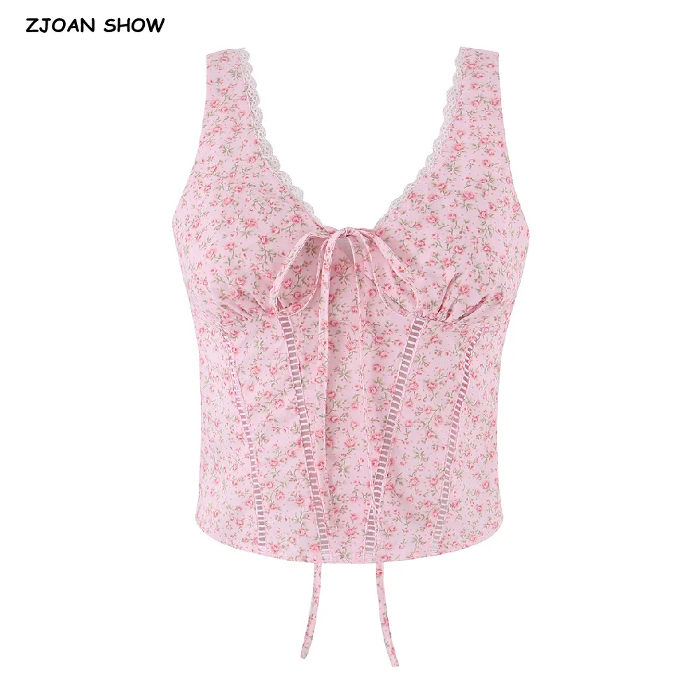 Summer Women's Pink Floral Print Spliced Hollow Out hole Lace Tank Tops Bow V neck Side Zipper Girl Slim Camisole Tee Vests