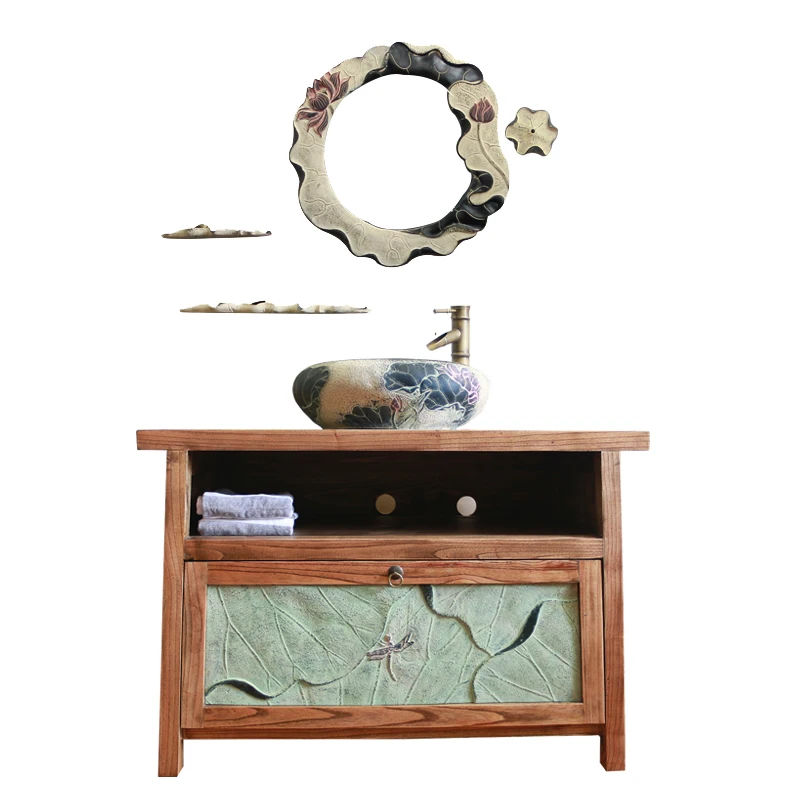 

Chinese washbasin solid wood bathroom cabinet retro washbasin cabinet combination