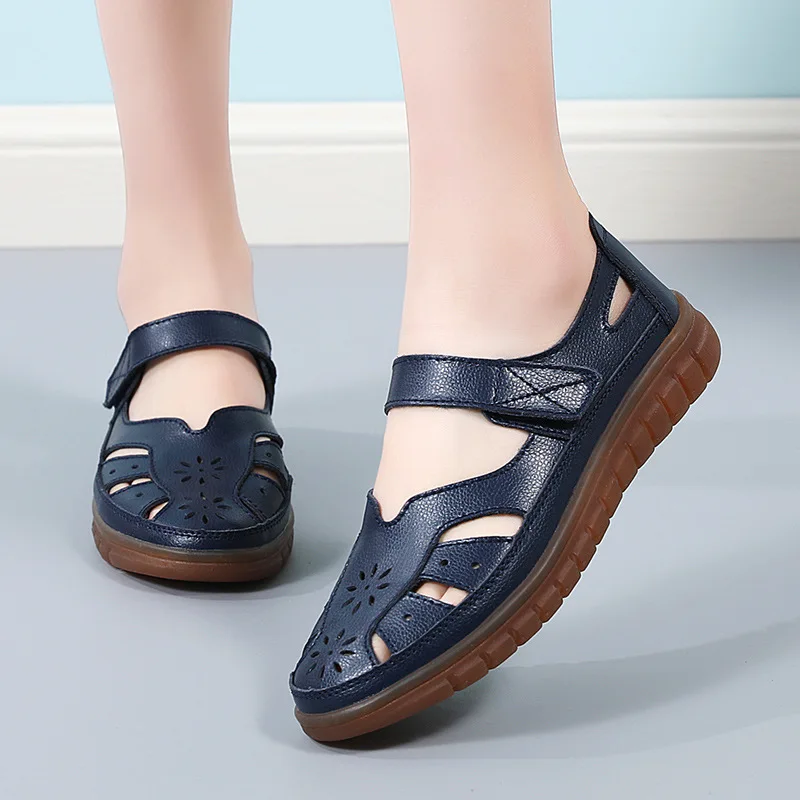 Summer Women Leather Sandals Sewing Hollow Out Fashion Flat Shoes Woman Casual Mother Shoes Beach Sandalias Mujer WSH4273