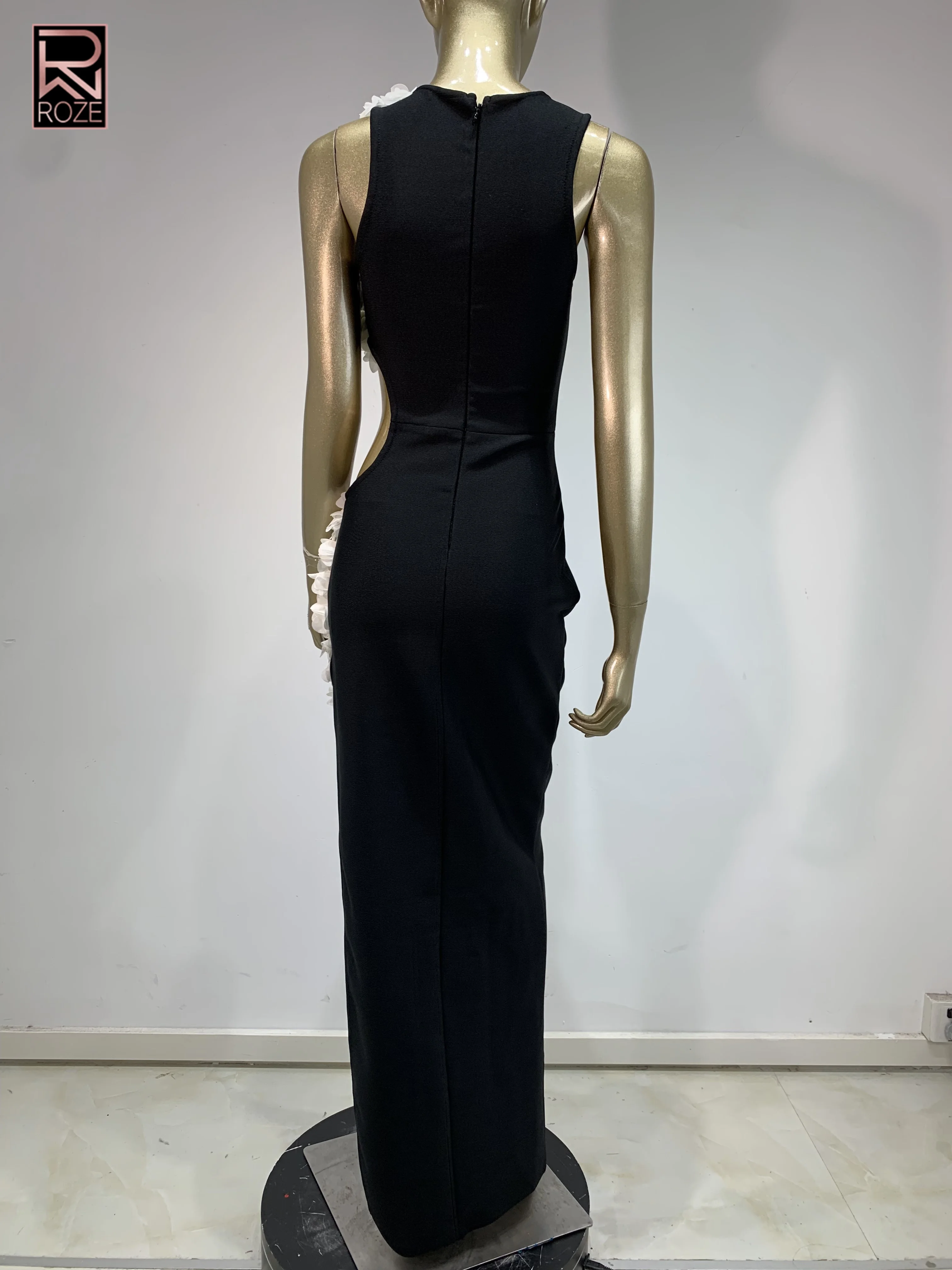 فستان نسائي فاخر بأشرطة باللون الأسود مزين باللون الأبيض ماكسي طويل فساتين المشاهير والحفلات المسائية #5