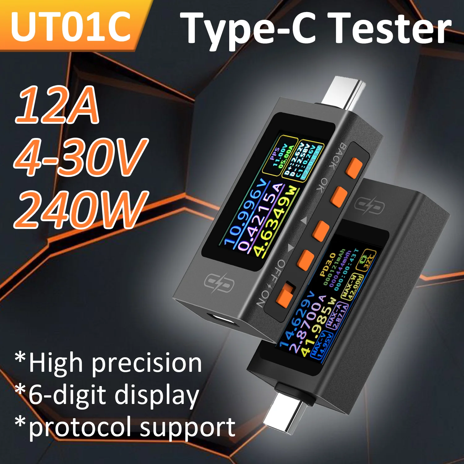 Type-C Current and Voltage Monitor DC 4-30V 12A Fast Charging Protocol Detector IPS Display Type C Fast Charging Trigger Meter