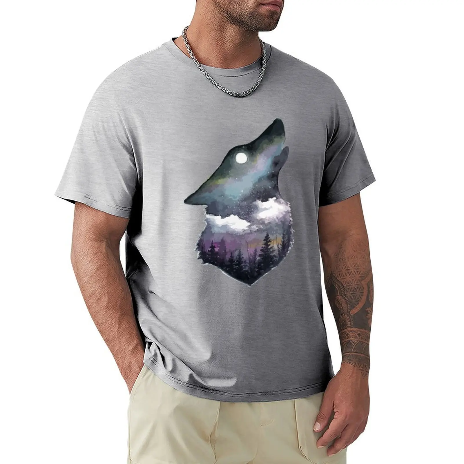 Camiseta de manga corta para hombre, camisa de manga corta con estampado de lobo de montaña, nieve, Aurora Boreal, árboles de las luces del norte en la noche