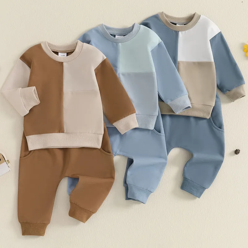 

3 Months to 3 Years Baby Boy 2Pcs Pant Sets Spring Autumn Clothes Long Sleeve Contrast Color Ribbed Hem Sweatshirt Pants