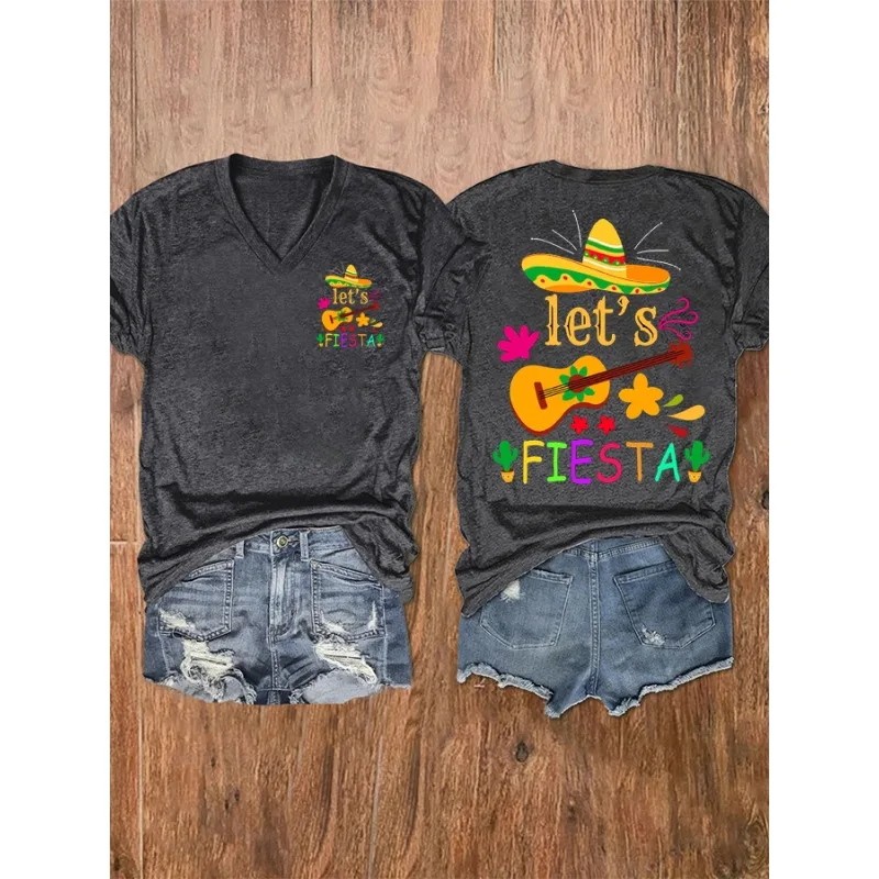 Women Cinco De Mayo Printed T Shirts Summer  V Neck Short Sleeve Top   Blouse