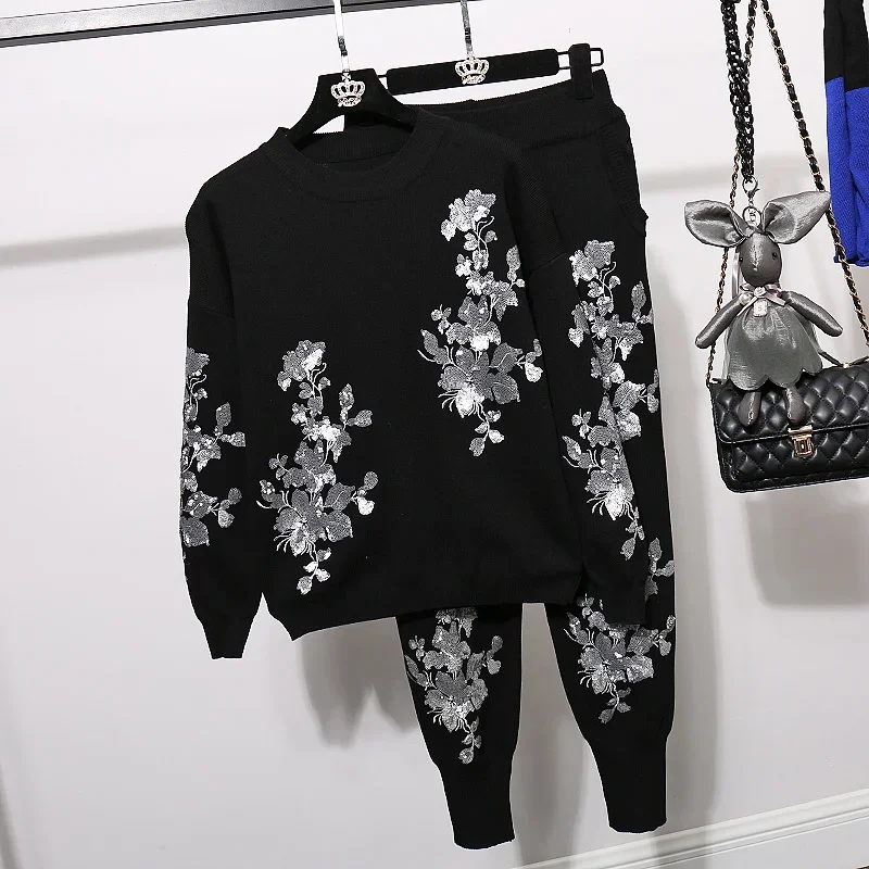 

2025 Spring Women Embroidery Sequins Flowers Knit Tracksuits Set Loose Pullover Sweater Long Pants Female Two Piece Outfits