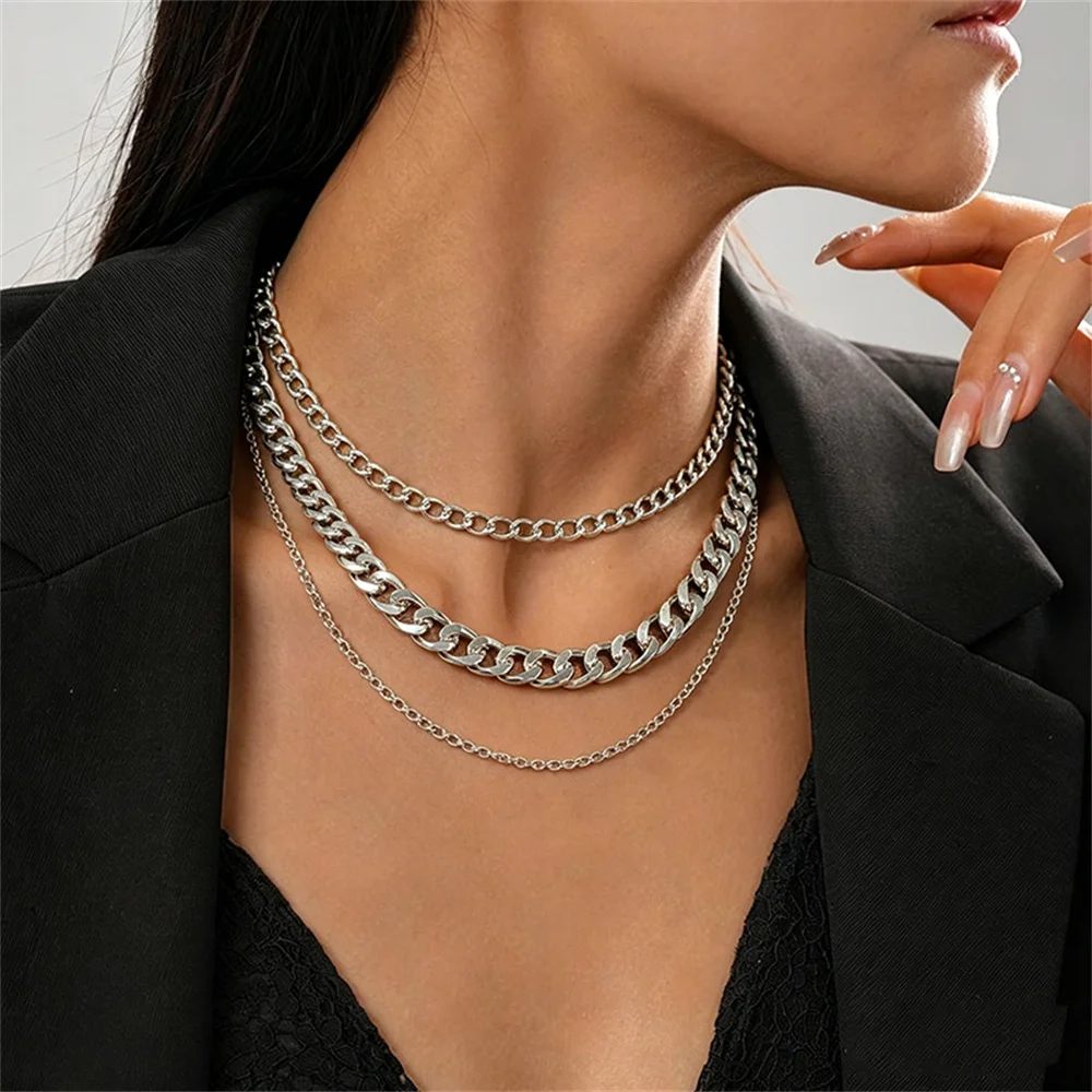 Fashion Silver Triple Layer Chain Necklace For Women Chunky Cuban Link Punk Style Statement Jewelry Party Outfit Accessories