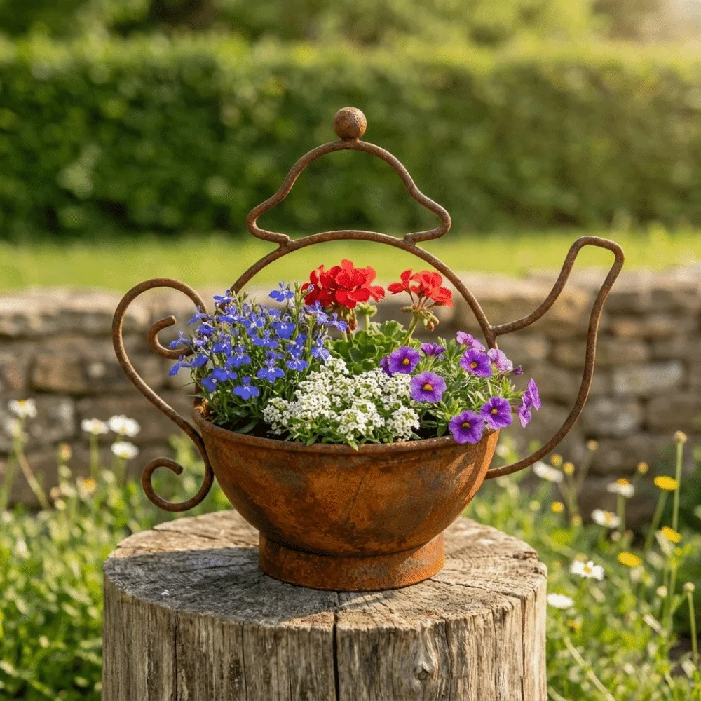 Decorative Rusty Iron Teapot Flower Pot Rust-Resistant Creative Kettle Shape Flower Pots Vintage Kettle Plant Container