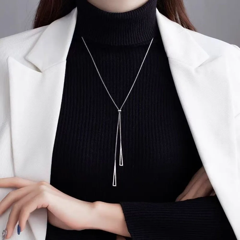 Adjustable Geometric Sweater Chain Exquisite Elegant Triangle Pendant Necklace Temperament Silver Tassels Necklace