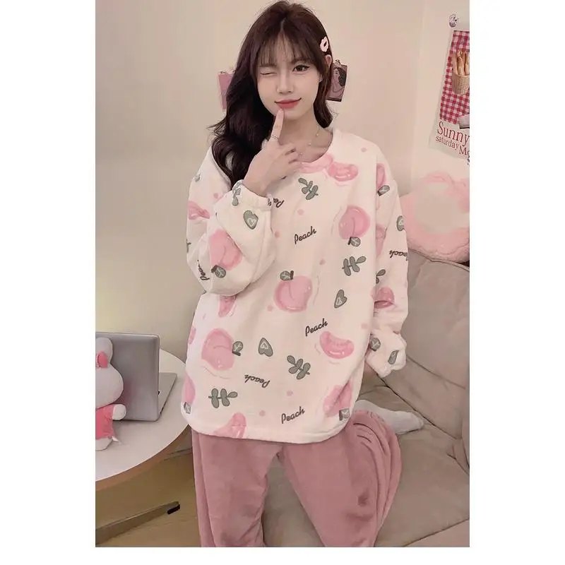 Women's warm long sleeved long pants pajama set girls autumn winter new style cardigan Chinese style home clothes two-piece set