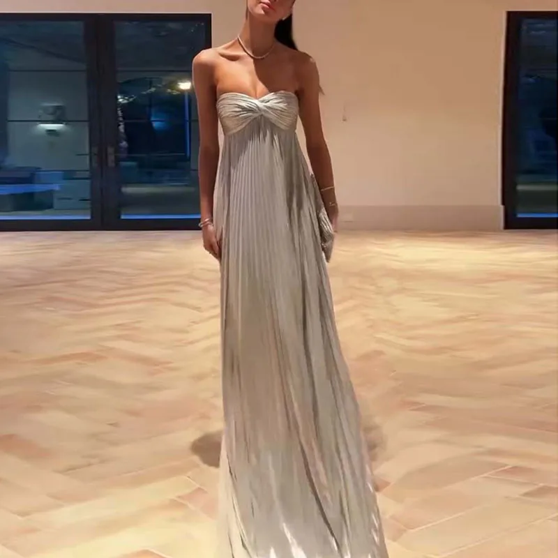 Silver Sexy Gowns Evening Dress Woman Spring Strapless High Waist Pleated Long Dresses Summer New Backless Side Split Maxi Dress