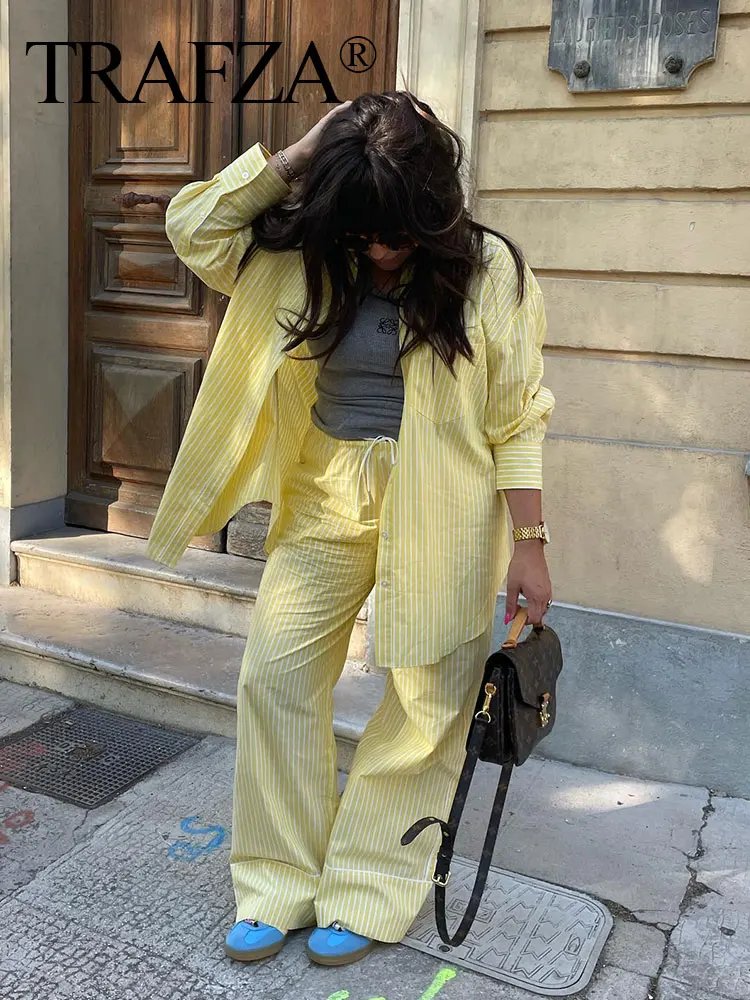 TRAFZA Summer Fashion Yellow Striped 2 Piece Pants Set Long Sleeves Lapel Blouse+Drawstring Straight Pants Female Causal Suit