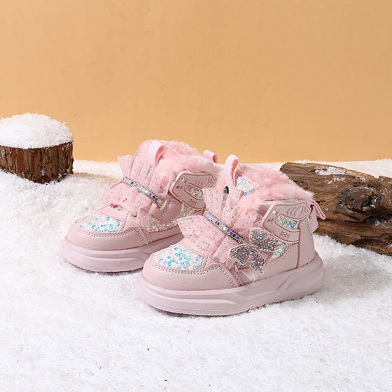 2024 New Winter Children Shoes Warm Plush Toddler Kids Sneakers Bling Bling Cute Butterfly Soft Sole Fashion Girls Shoes