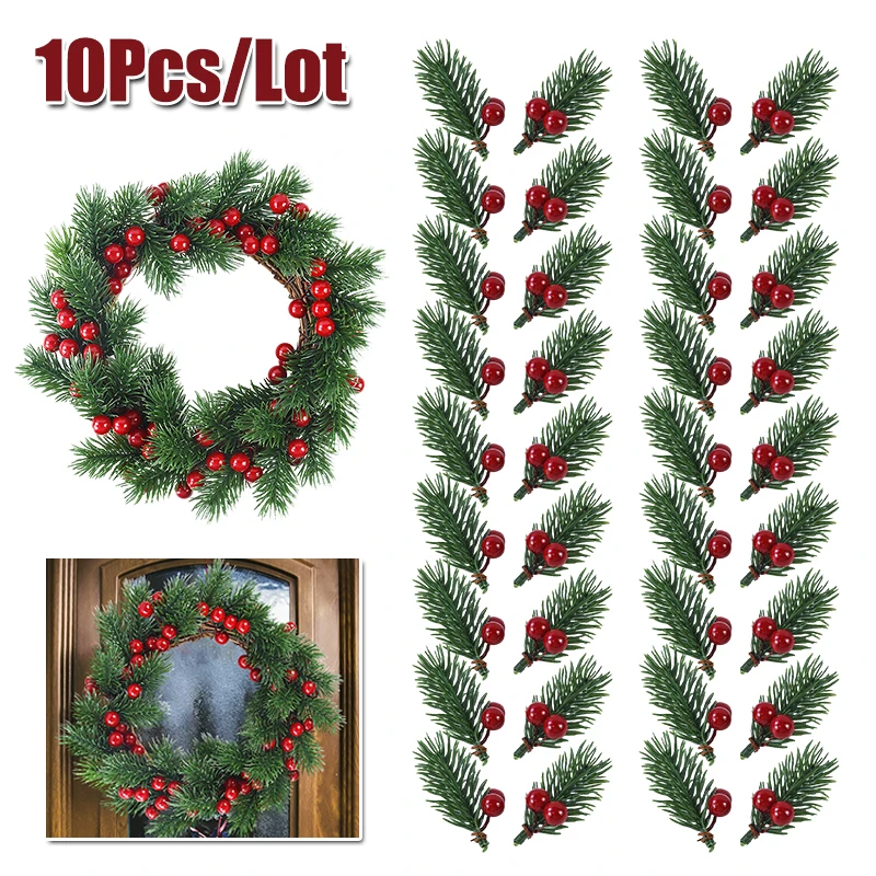 

10Pcs Christmas Artificial Pine Needle Berry Xmas Wreath Accessories Christmas Party Decorations For Home Navidad New Year Gifts