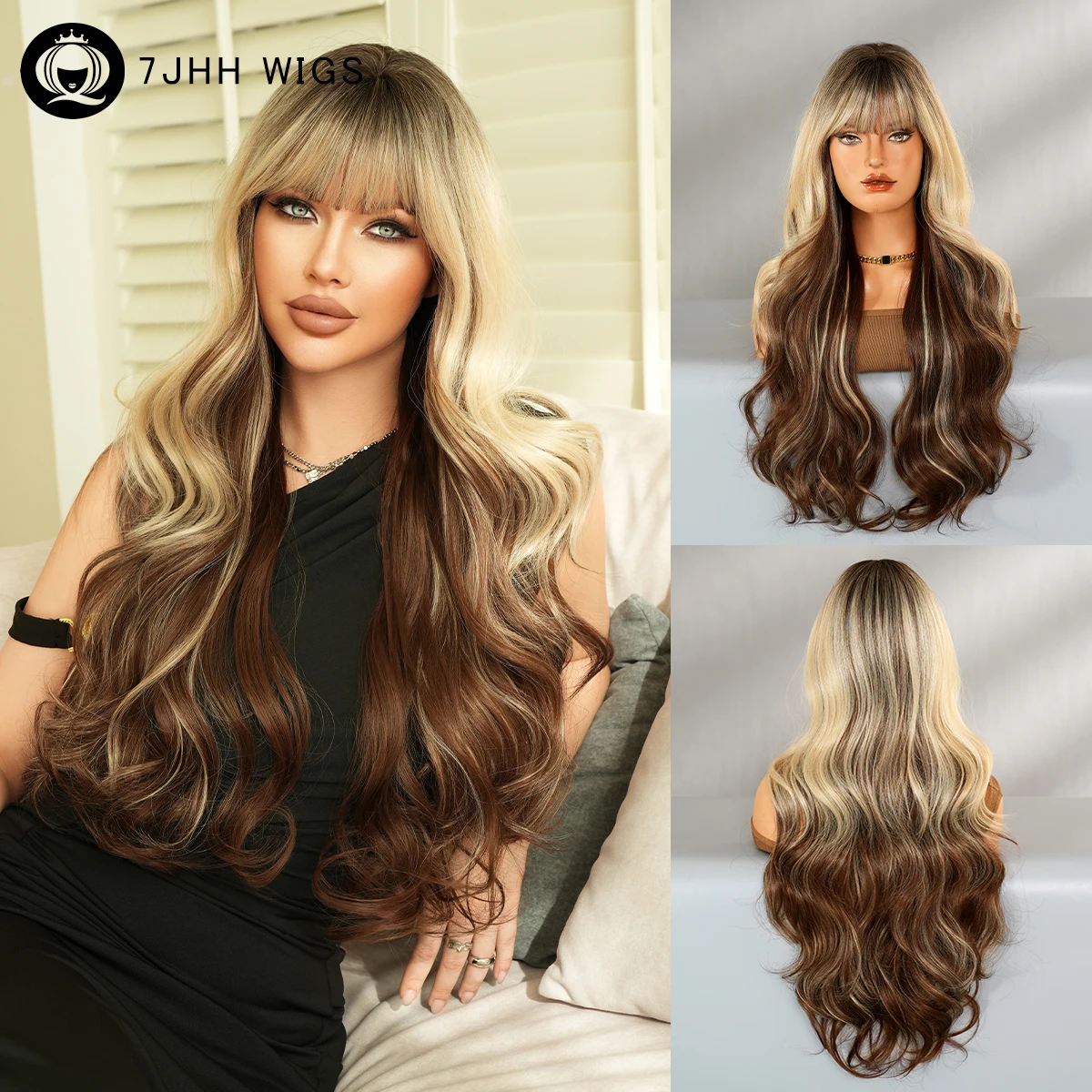 Lange Blonde Perücke mit Wellenmuster für Frauen, Synthetische Hitzebeständige Modische Ombre-Schokoladenperücke mit Dunklen Ansätzen