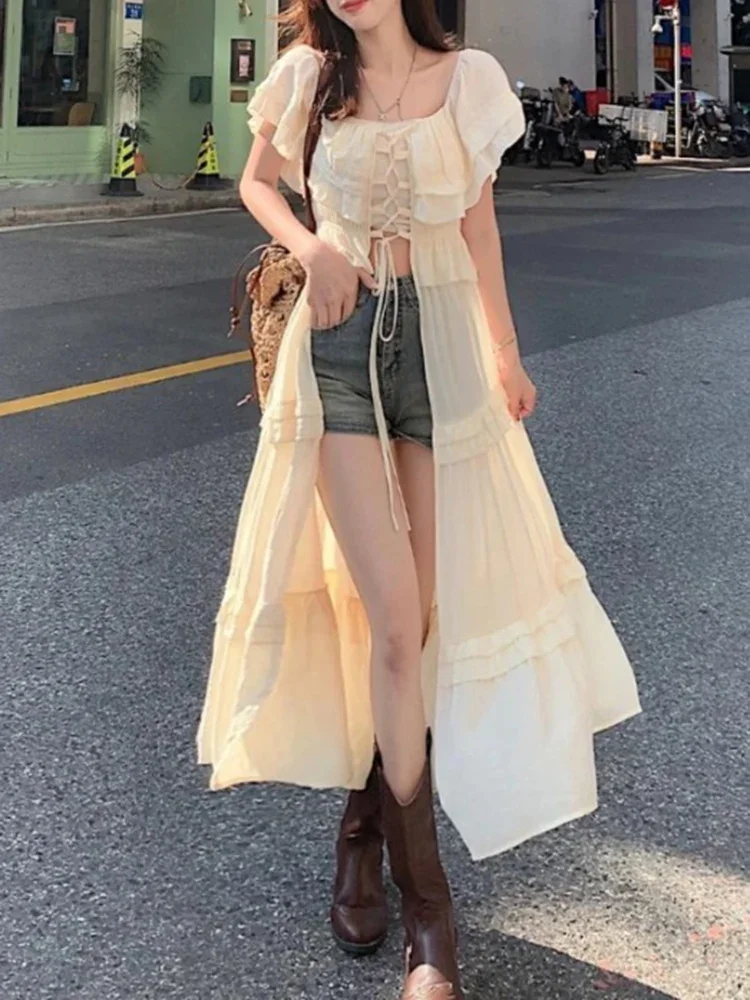 Korean Outerwear Tie Up Sun Protection Cardigan Long Vacation Style Dress New Summer High Street Spicy Girl One Shoulder Dress