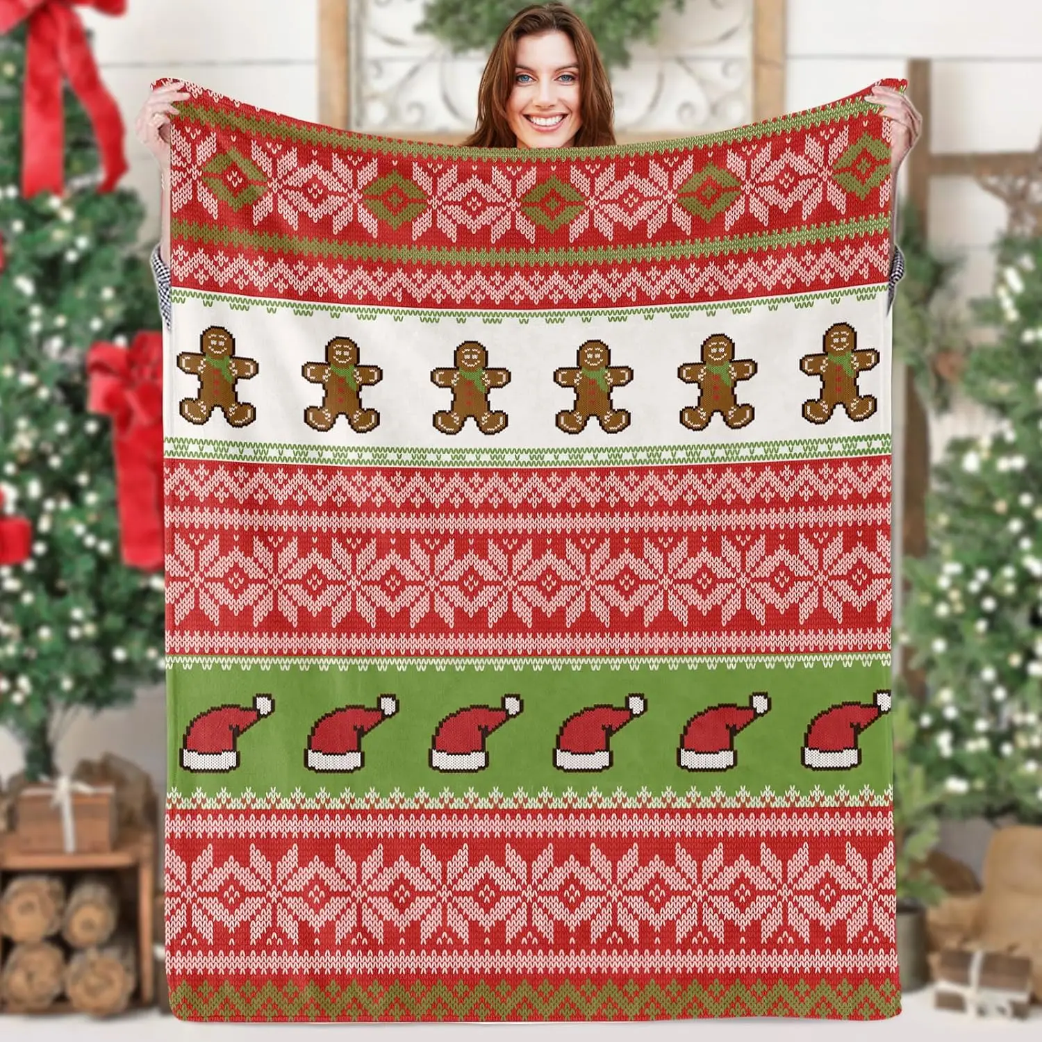 Gingerbread Christmas Throw Flannel Blanket for Couch Red Green Warm Xmas with Knitting Stripe Pattern Cozy Fluffy