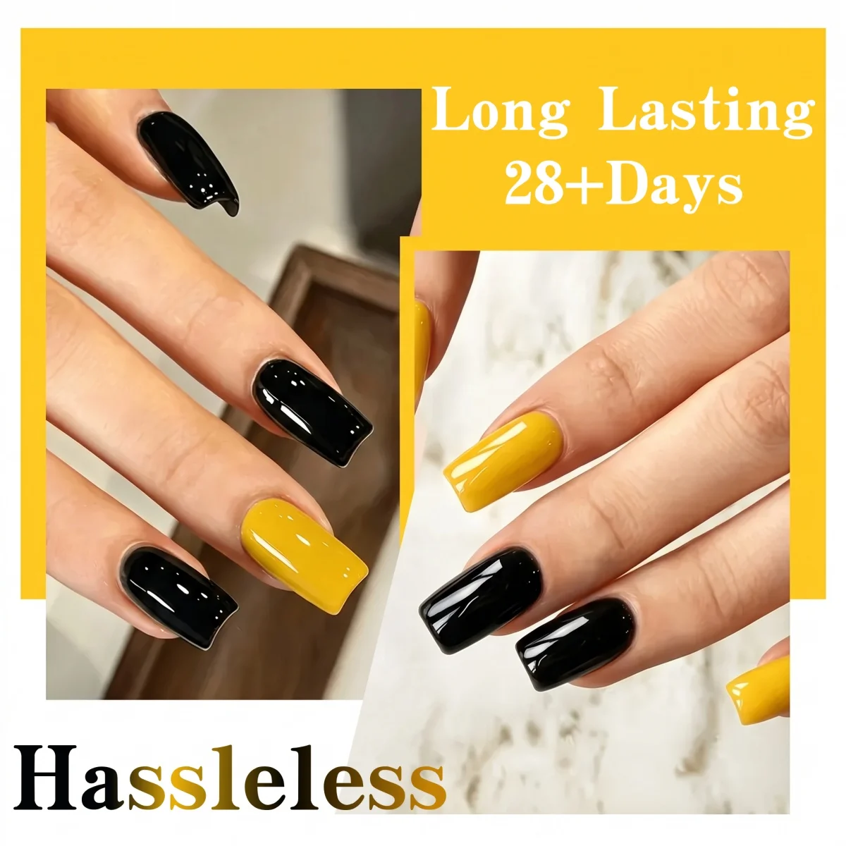 Hassleless 2-Color Nail Polish Gel Set, Lemon Yellow, Pure Black, Trendy Shades of Black and Yellow, Led Curing, Perfect Matching Set, Nail Art for Hands and Feet, a Must-Have for Beginners, Perfect DIY Nail Art
