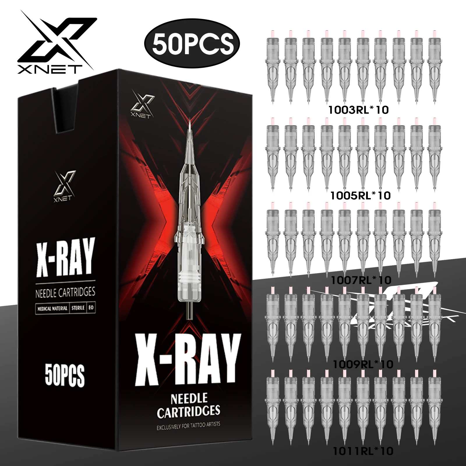 XNET X-RAY Tattoo Cartridge Needles 50pcs Mixed RL/RM/RS Disposable Sterilized Safety Tattoo Needles for Rotary Tattoo Machines