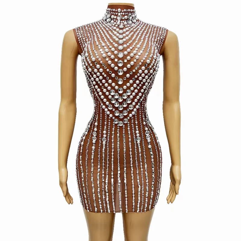 

Sparkly Crystals Pearls Bodycon Short Dress Women Sexy Transparent Prom Evening Celebrate Outfit Birthday Party Nightclub Dress