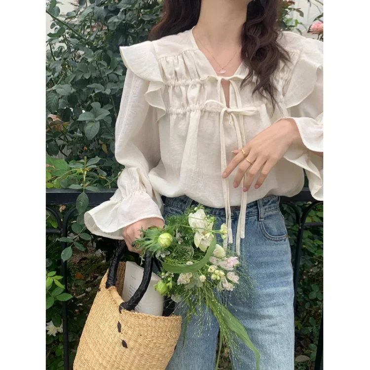 Korobov Vintage Sweet Temperament Shirt Ruffled Edge Lace-up Design Flared Sleeve Blouses Romantic Top Fashion Camisas Y Blusas