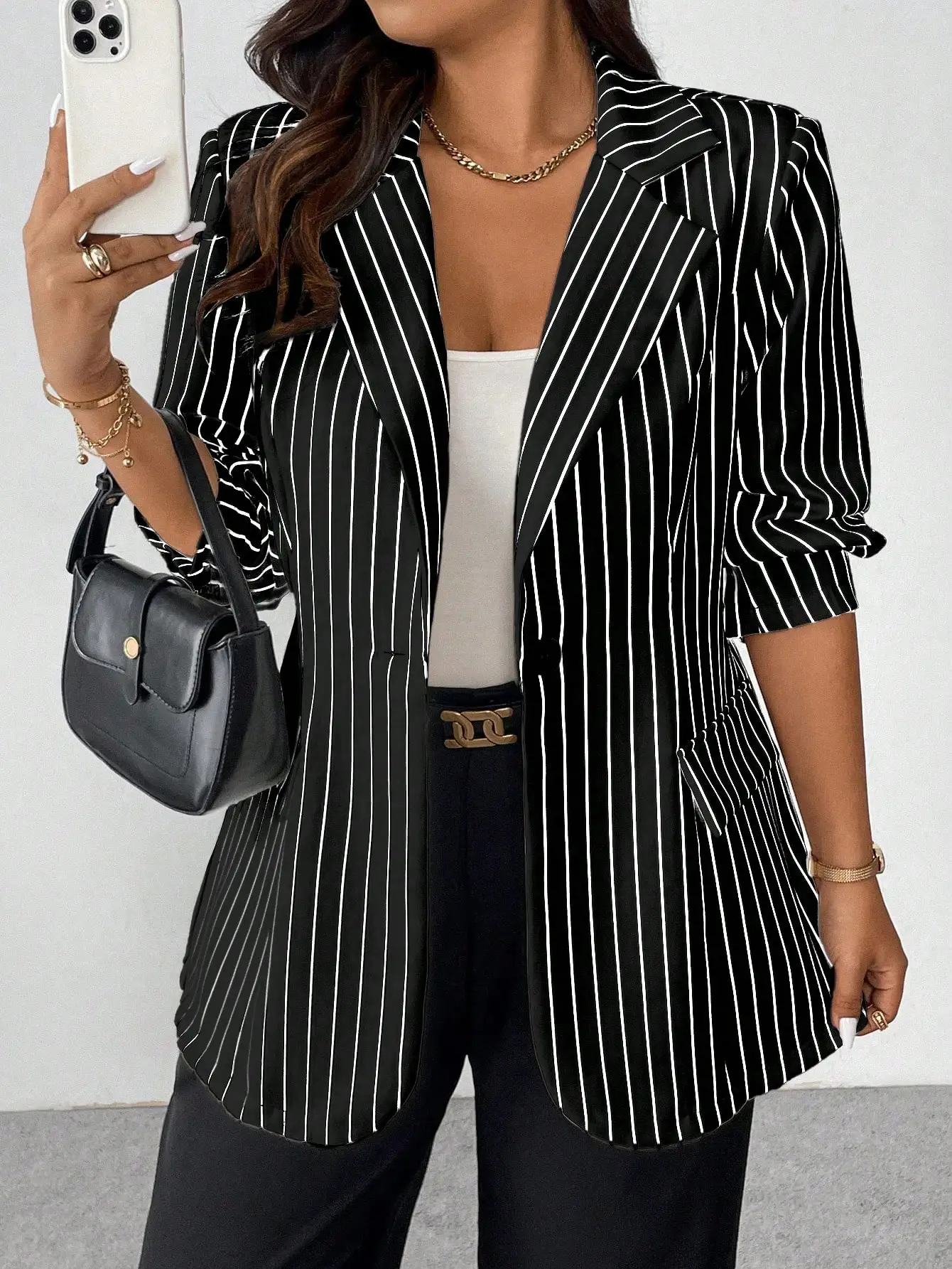 

Женский черно-белый полосатый блейзер, с длинными рукавами, с лацканами, повседневный офисный стиль, большие размеры