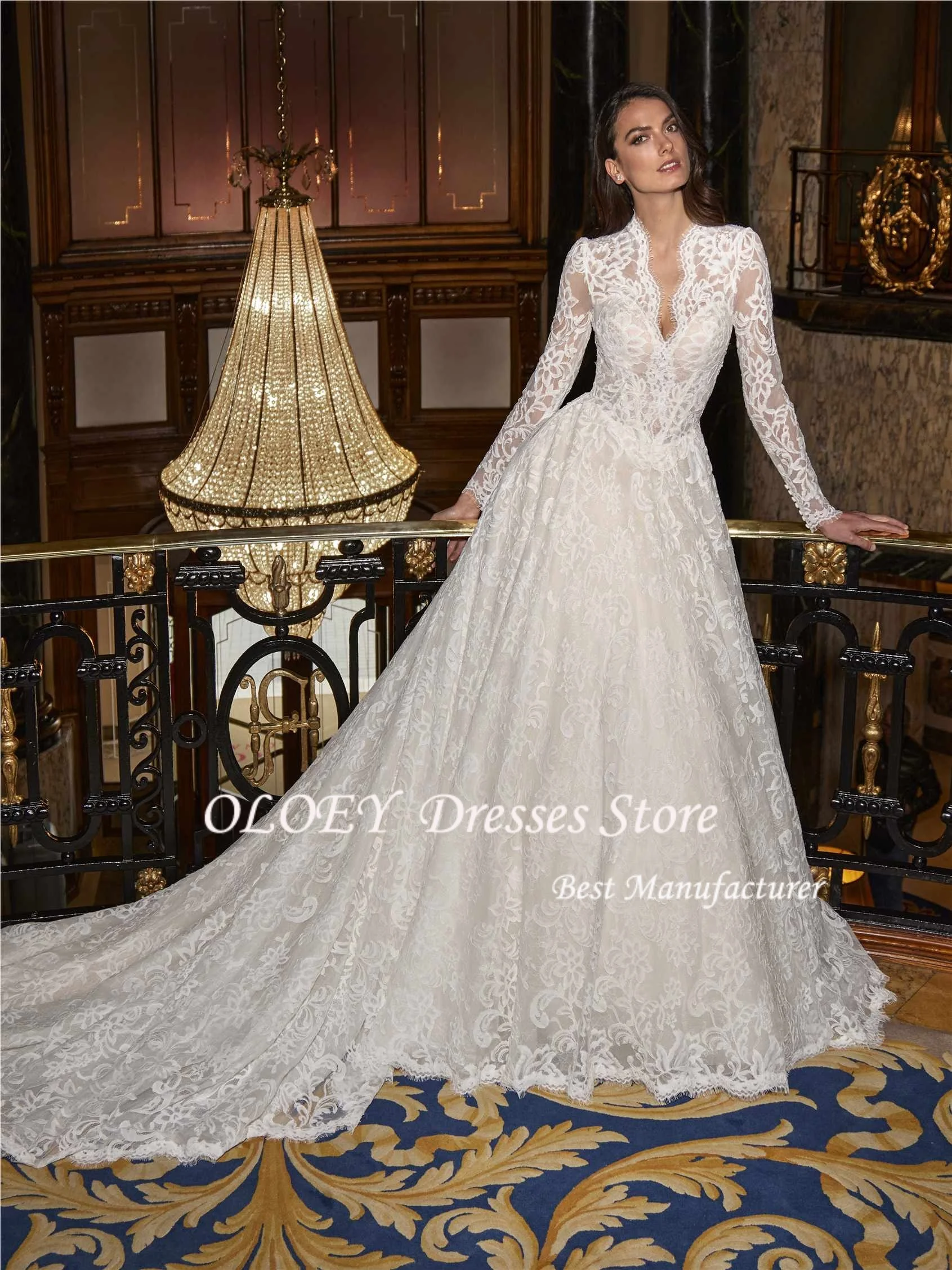 OLOEY 럭셔리 레이스 아플리케 웨딩 드레스 A라인 여성용 긴 소매 V넥 신부 드레스 우아한 웨딩드레스 2026 맞춤 제작