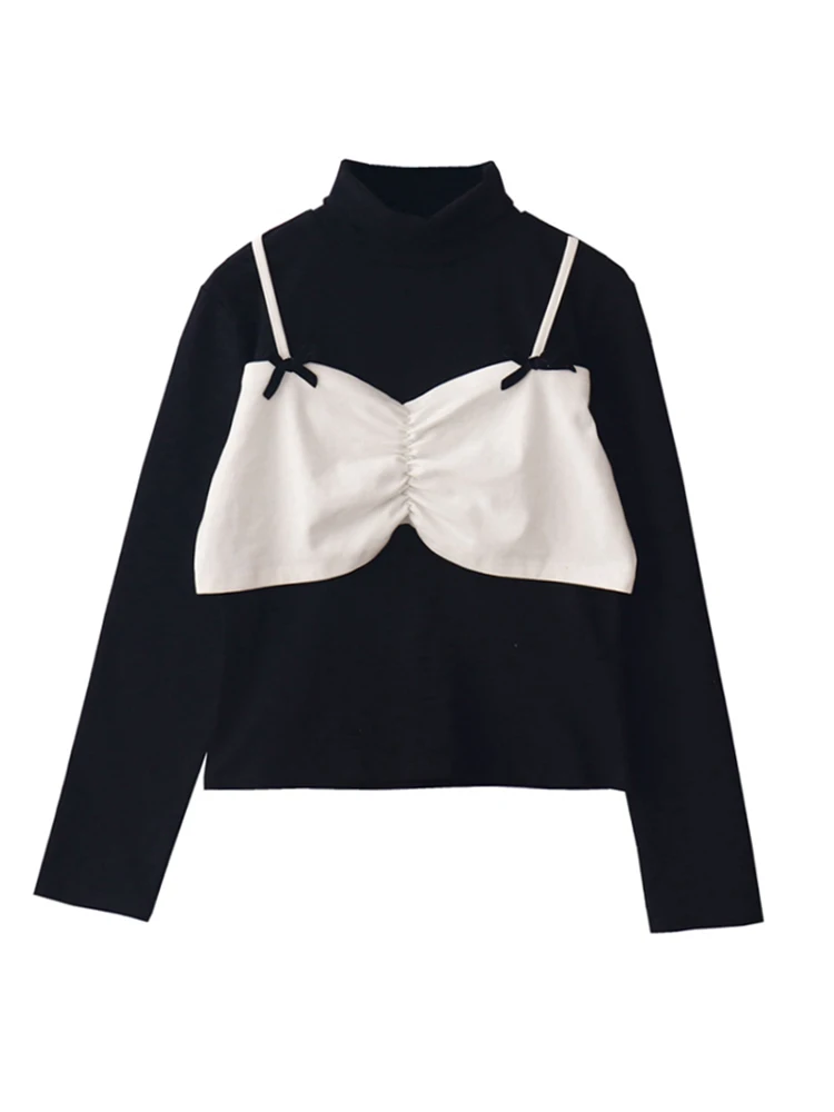 

Женская водолазка контрастных цветов, Модный корейский топ контрастных цветов с длинным рукавом, футболки в винтажном французском стиле, романтичные футболки в эстетическом стиле для осени