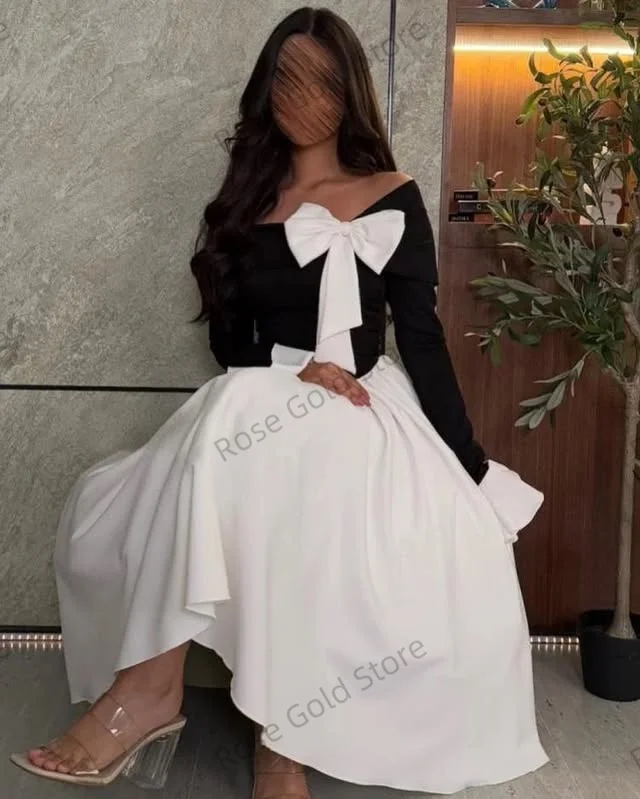 Abito da ballo semplice con spalle scoperte per donne arabe A Line Vestidos de Soriee con fiocco Abito da sera corto personalizzato Abbigliamento estivo