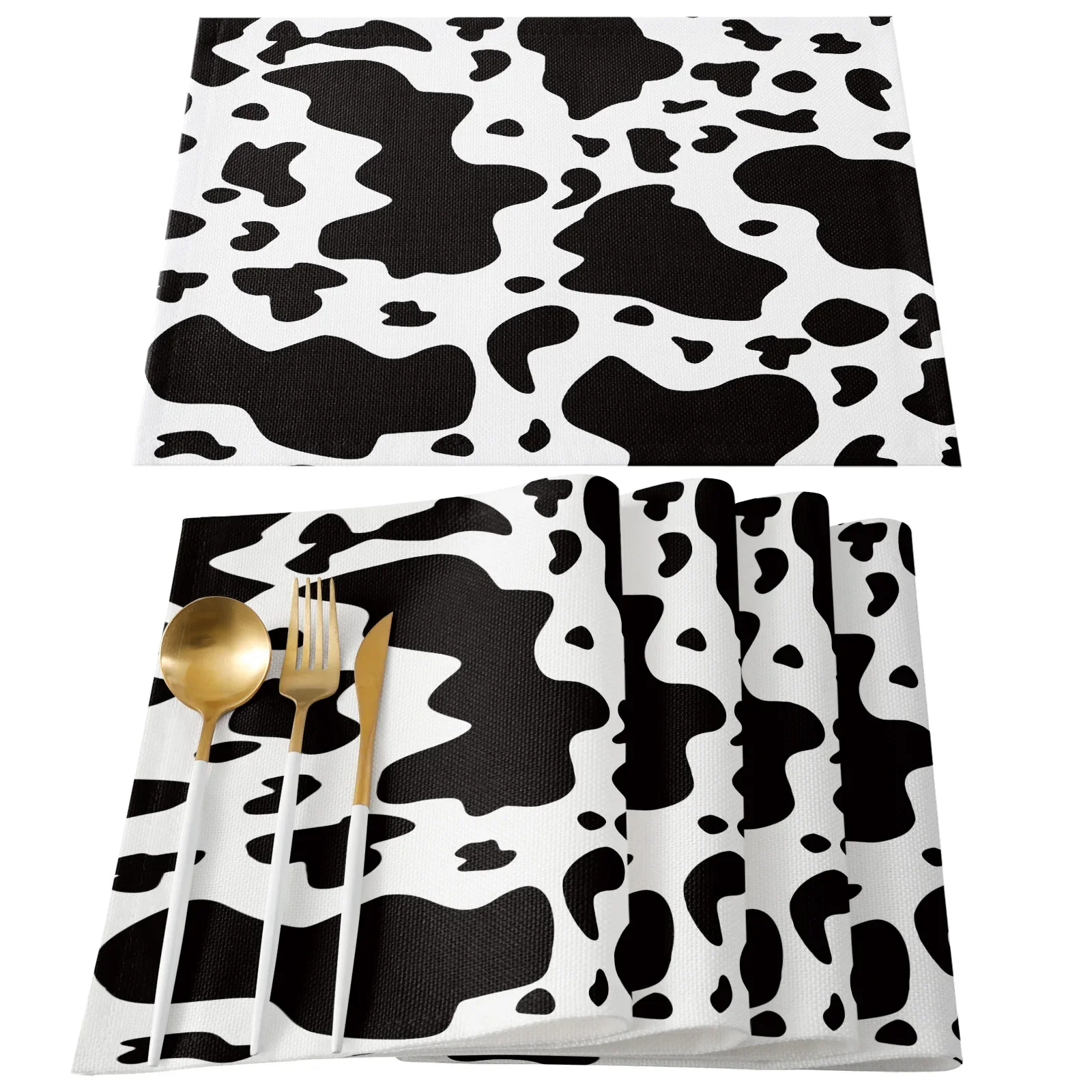 4PCS Black And White Cow Pattern Art Placemats Linen Dining Table Mats Coaster Bowl Mat Kitchen Accessories Home Decoration